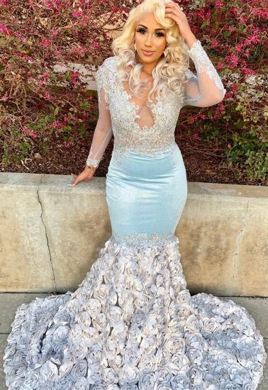 Fit and Flare Silver Flowers Baby Blue Prom Dresses | Sheer Tulle Elegant Long Sleeve Appliques Prom Gowns_3