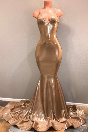 V-neck Straps Open Back Mermaid Sexy Prom Dresses | Champagne Gold Cheap Evening Gowns_1