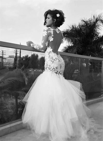 White Sexy Mermaid Tulle Long Bridal Gown Long Sleeve Backless Floor Length Wedding Dress
