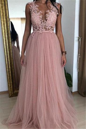 Elegant Pink A-line Sleeveless Tulle Applique Prom Dresses_1