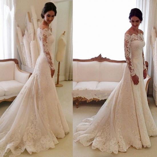 White Off-the-shoulder Lace Long Sleeve Bridal Gowns Sheath Simple Custom Made Wedding Dresses_3