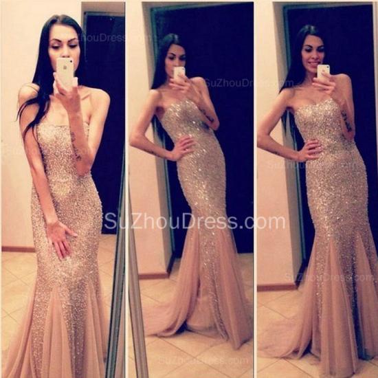 Strapless Mermaid Tulle Long Evening Dress Sexy Beadings Trumpet Formal Occasion Dresses for Women_2
