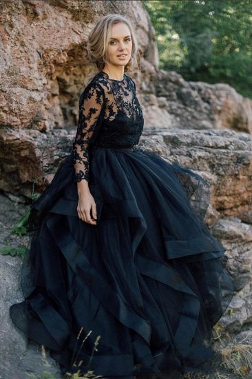 Long SLeeves Black Tulle Wedding Dress Floral Lace Aline Formal Dress_5