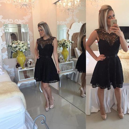 New Arrival Black Lace Homecoming Dress Sleeveless A-line Short Bowknot Cocktail Dress_5