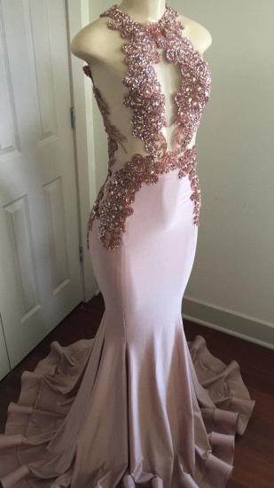 Pink Sleeveless Mermaid Prom Dresses 2022 | Open Back Beads Crystals Appliques Evening Gown_3
