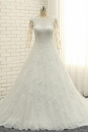TsClothzone Elegant A-Line Jewel White Tulle Lace Wedding Dress 3/4 Sleeves Appliques Bridal Gowns with Pearls