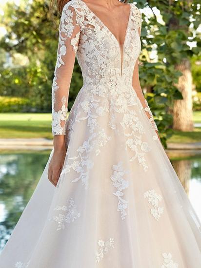 A-Line Wedding Dress V-neck Polyester Long Sleeves Bridal Gowns Country Plus Size with Sweep Train_3