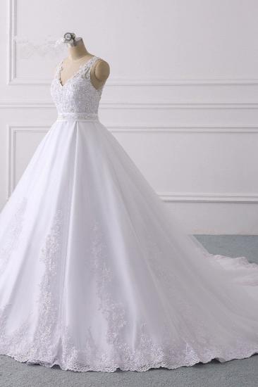 TsClothzone Gorgeous V-Neck Satin Tulle Lace Wedding Dress White Appliques Sleeveless Bridal Gowns On Sale_4