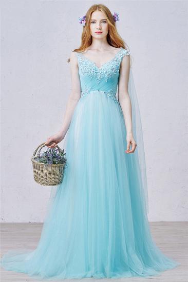 V Neck Blue A Line Evening Dress Tulle Open Back 2022 Long Prom Dress with Beads_1