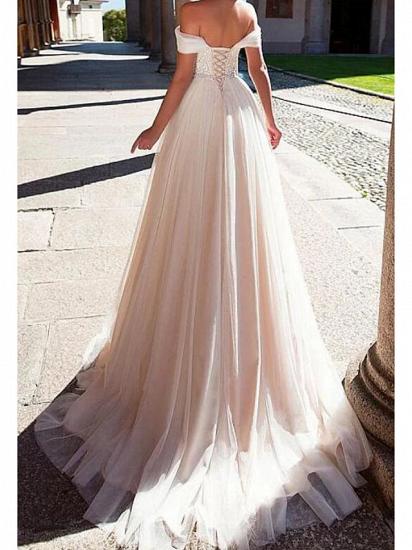 Formal A-Line Wedding Dress Off Shoulder Lace Tulle Short Sleeve Bridal Gowns with Sweep Train_2