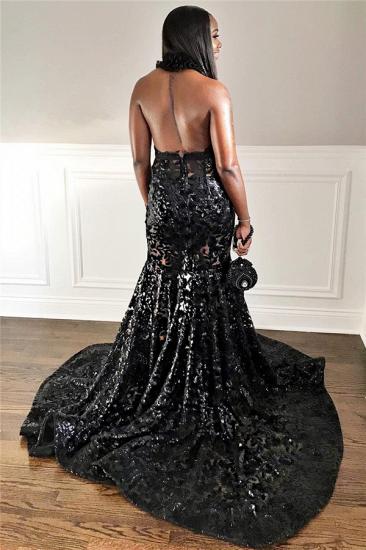Sexy Backless Black Lace Prom Dresses Cheap | Sleeveless Mermaid Halter Evening Gowns Long_2