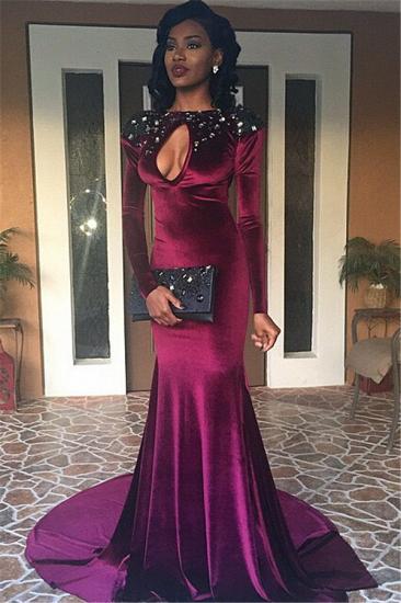 Sexy Long Sleeve Backless Mermaid Prom Party Dress 2022 Velvet Keyhole Neckline Evening Gowns_1