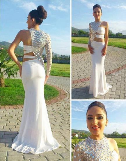 Shiny Silver Crystal One Shoulder Prom Dress Sexy White Mermaid Formal Evening Dress with One Sleeve