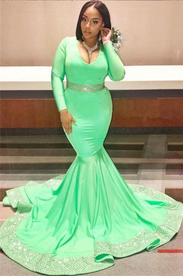 Plus Size Long Sleeve Green Prom Dresses for Juniors | Sexy Mermaid Sparkling Appliques Evening Gowns_1