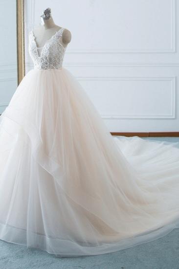 TsClothzone Einfaches Brautkleid mit V-Ausschnitt und weißem Tüll, ärmellose Brautkleider mit Spitze und Perlen im Angebot_4