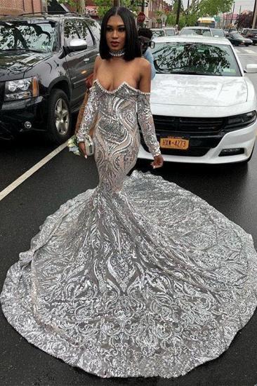 Sexy Off The Shoulder Silver Prom Dresses Cheap | Long Sleeve Sparkle Lace Mermaid Graduation Dresses_2