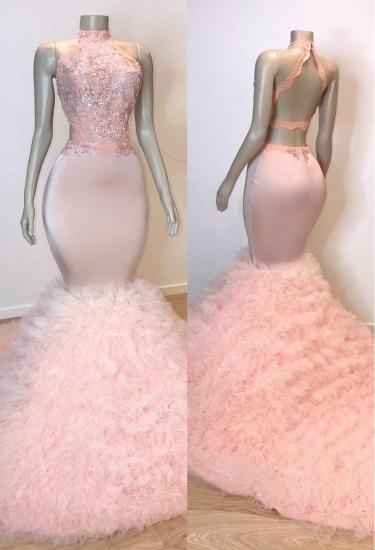 Pink Halter Sleeveless Mermaid Prom Dresses | Chic Open Back Lace Tulle Evening Gowns_1