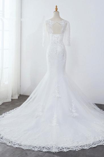 TsClothzone Elegant Jewel 3/4 Sleeves Mermaid White Wedding Dress Tulle Lace Appliques Beadings Bridal Gowns On Sale_3