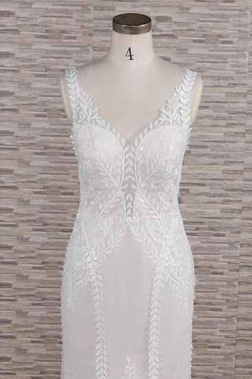 Elegante Träger A-Linie Spitzen-Hochzeitskleid | Weiße Meerjungfrau-Brautkleider mit V-Ausschnitt_5