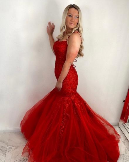 Stunning Sleeveless Red Floral Lace Tulle Mermaid Prom Dress_3