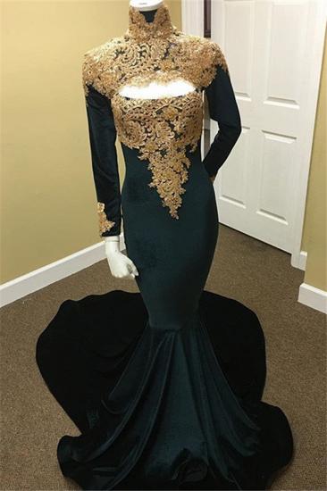 Cheap Gold Lace Black Prom Dresses 2022 | Long Sleeve Mermaid Evening Dress with Keyhole