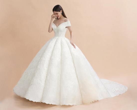 Off Shoulder Floor Length Bridal Gowns Lace Appliques Chapel Train Wedding Dress_6