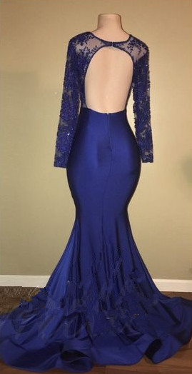 Sexy Open Back Royal Blue Real Model Prom Dresses | Lace Long Sleeve Mermaid Evening Gown_4