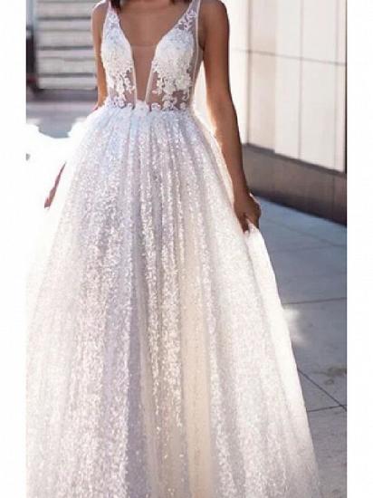 Sexy A-Line Wedding Dresses Scoop Lace Tulle Sleeveless Bridal Gowns Beach See-Through Sweep Train_3