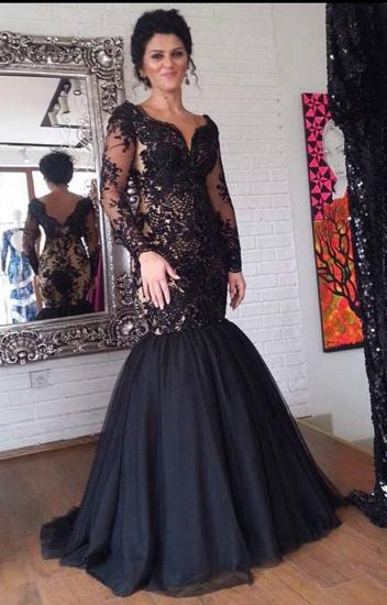 2022 Black Mermaid V-Neck Evening Dresses | Long Sleeves Appliques Party Dresses_2