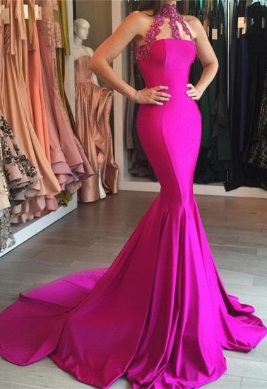 Modest High-Neck Mermaid Sleeveless Sweep-Train Lace-appliques Prom Dress_1