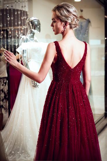 MELANIE | A-line Long V-neck Sleeveless Burgundy Sequins Tulle Evening Dresses_3