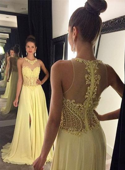 New Arrival Yellow Split Prom Dress with Beadings Latest A-Line Chiffon Evening Gowns