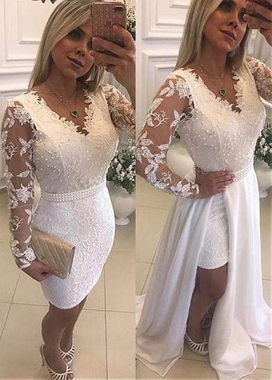 White Long Sleeves Lace Evening Dresses Cheap | 2022 Beaded V-Neck Evening Gowns with Detachable Skirt_1