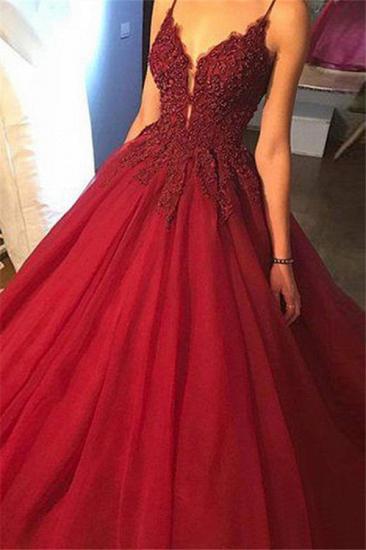 Gorgeous Spaghetti Strap Beads Prom Dresses | Red Elegant Lace Puffy Ball Gown Evening Dresses_3