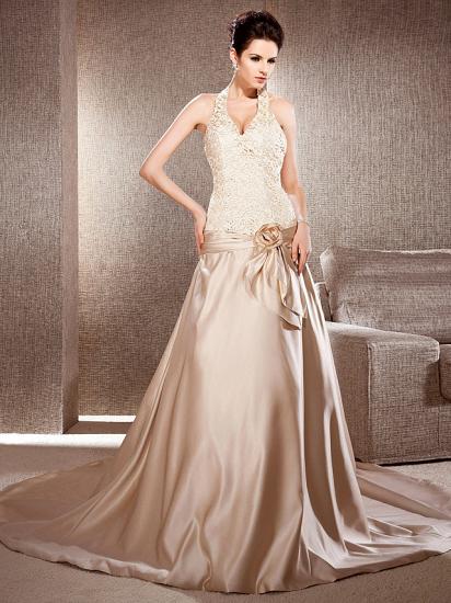Erschwingliche Prinzessin A-Linie Brautkleid V-Ausschnitt Spitze Satin ärmellose Brautkleider in Farbe mit Kapellenschleppe
