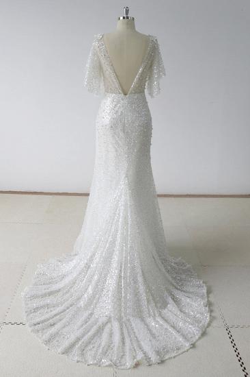 TsClothzone Elegant Stunning Sequins White Tulle Wedding Dress Sweep Train Mermaid Short Sleeve Bridal Gowns On Sale_3