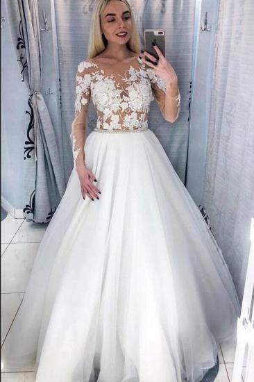 Elegant Long Sleeves A-line Wedding Reception Dress with Floral Appliques_1