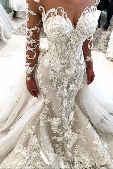Glamorous Long Sleeves Mermaid Wedding Dresses 2022 | Sexy Flowers Mermaid Bridal Gowns with Detachable Train_1