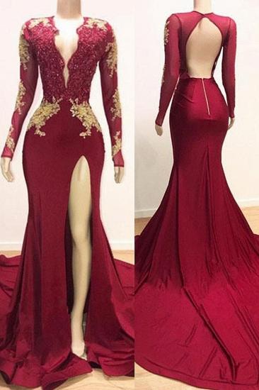 Deep V-neck Long Sleeves Lace Appliques Split Mermaid Evening Gowns_1