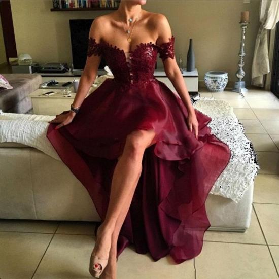 Burgundy Off Shoulder Lace Prom Dresses 2022 Hi-lo Open Back Formal Evening Dress_5