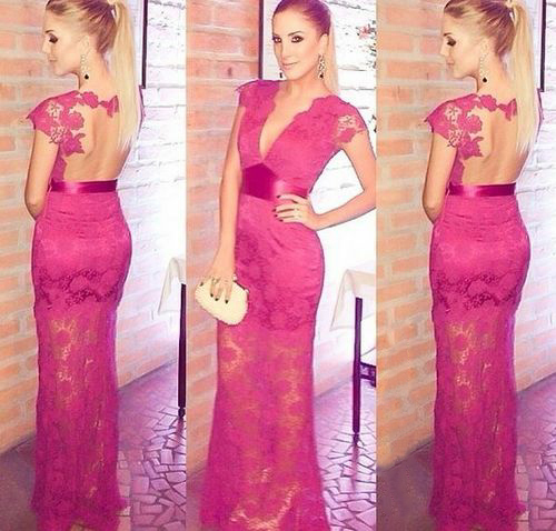 Sexy Deep V-Neck Fuchsia Lace Evening Gown Short Sleeve Empire Open Back Party Dresses_3
