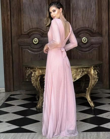 Simple Pink long sleeves vneck column Prom dress_2