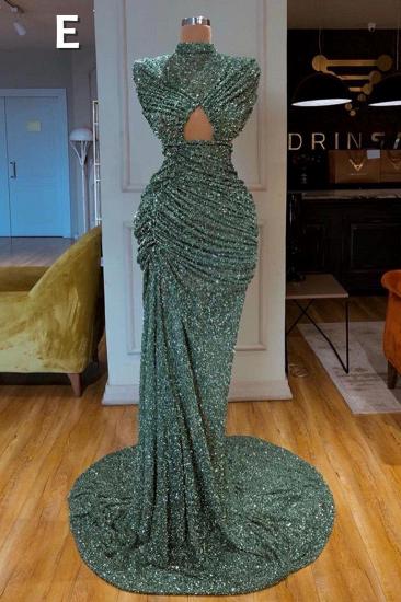 Sparkle dark green high split straps sequin sleeveless long prom dress_6