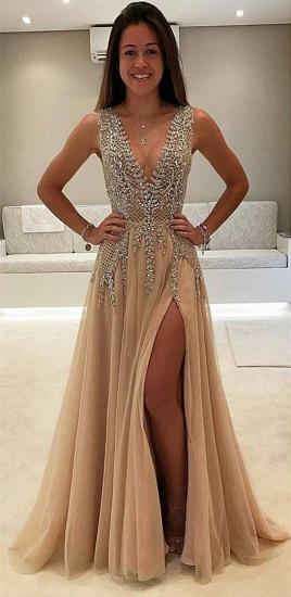 V-Neck A-line Crystal Prom Dresses | Sleeveless Side Slit Evening Dresses_4