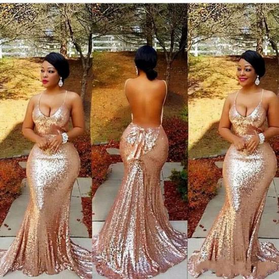 Spaghetti Straps Sequins Mermaid Backless Champagne Prom Dresses_2