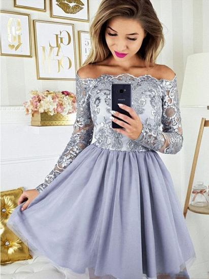 Chic Long Sleeves Short Cocktail Dress Bateau Lace Tulle Party Dress_2