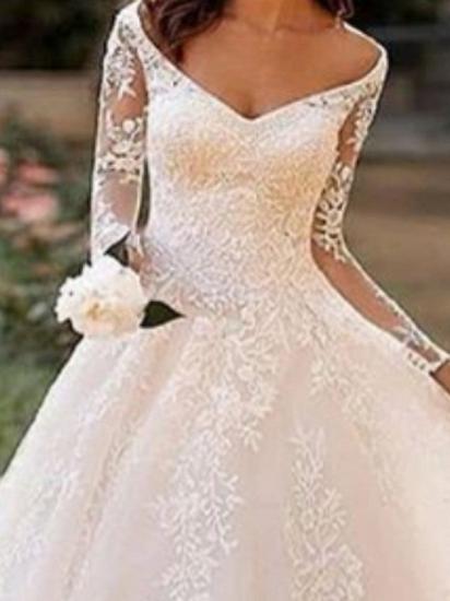 Affordable A-Line Wedding Dress Bateau V-neck Lace Tulle Long Sleeve Bridal Gowns with Court Train_3