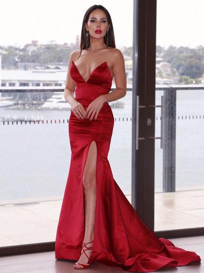 Simple silk-like satin Red deep v-neck high split prom dress_5