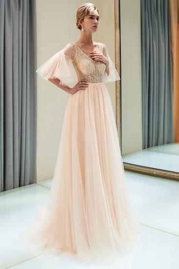 MARIE | A-line V-neck Floor Length Beading Tulle Evening Gowns with Sleeves_5