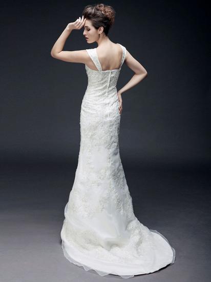 Affordable Mermaid Off Shoulder Wedding Dress Organza Short Sleeve Bridal Gowns with Sweep Train_4